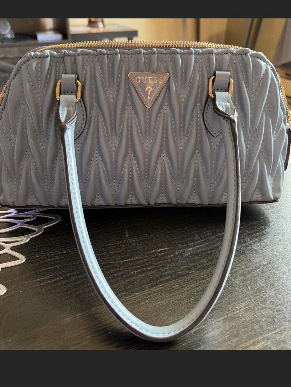 GUESS Quilted Gray Satchel with Gold-Tone Accents.